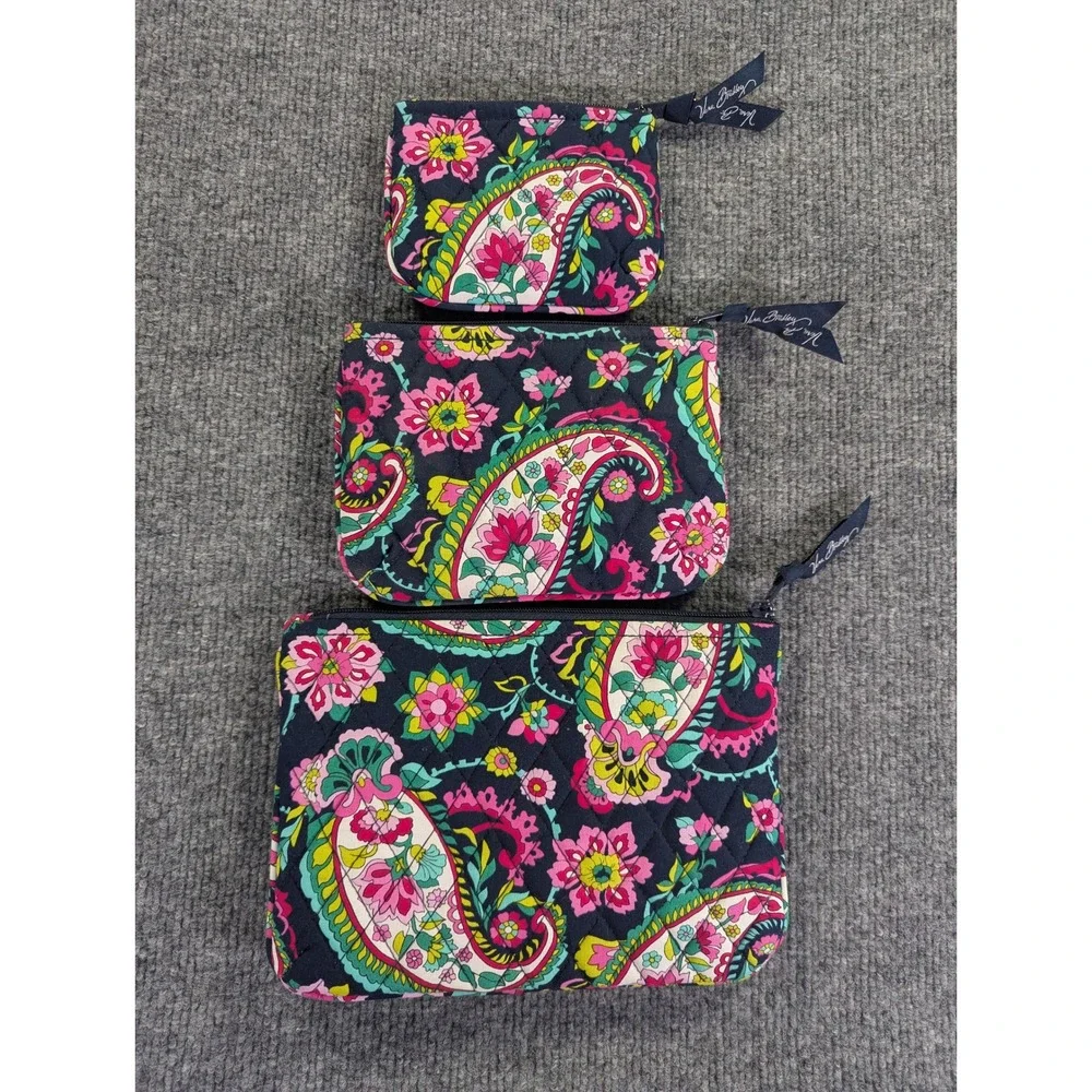 Vera Bradley Retired Nomadic Floral Quilted Cosmetic Pouch Set 3 Piece Navy Pink
